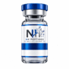 Empty clear glass vial with a blue flip-off cap